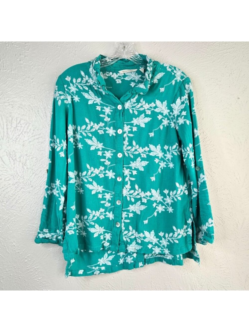 Soft Surroundings Linen Embroidered Button Up Shirt Peasant Boho Floral Blouse